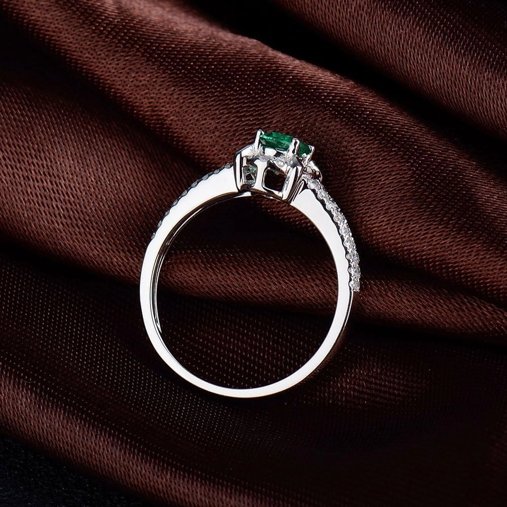 Emerald Ring For Women, 14K Solid White Gold Rings - Emerald Green Ring with Diamond, Vintage Oval 5x7mm Natural Emerald Rings & Real Diamond Gemstone Rings For Couple Engagement Ring