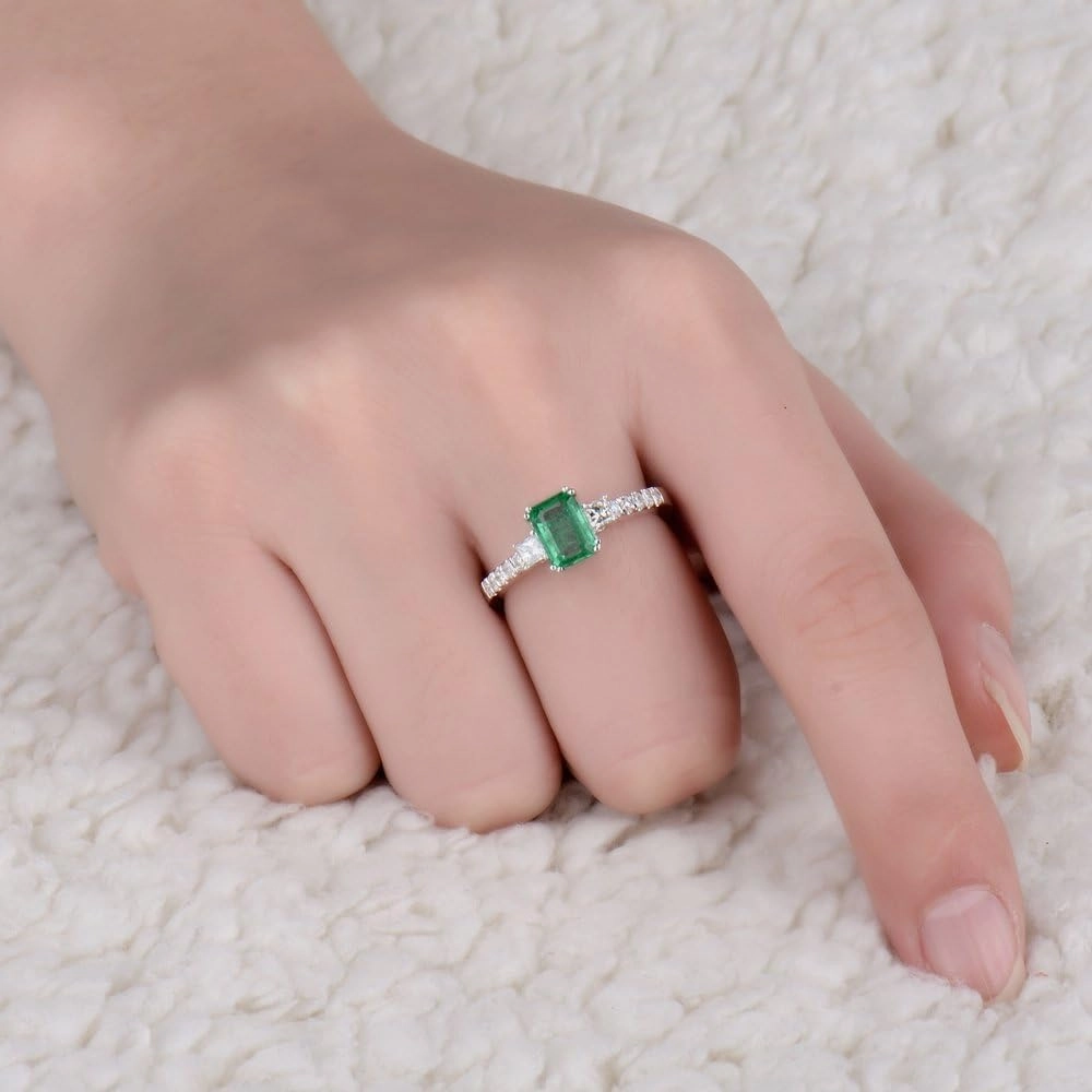 Emerald Ring For Women, 14K White Gold Rings - Emerald Green Ring with Diamond, Natural Emerald Rings & Real Diamond Gemstone Rings For Couple Engagement Ring & Wedding Band