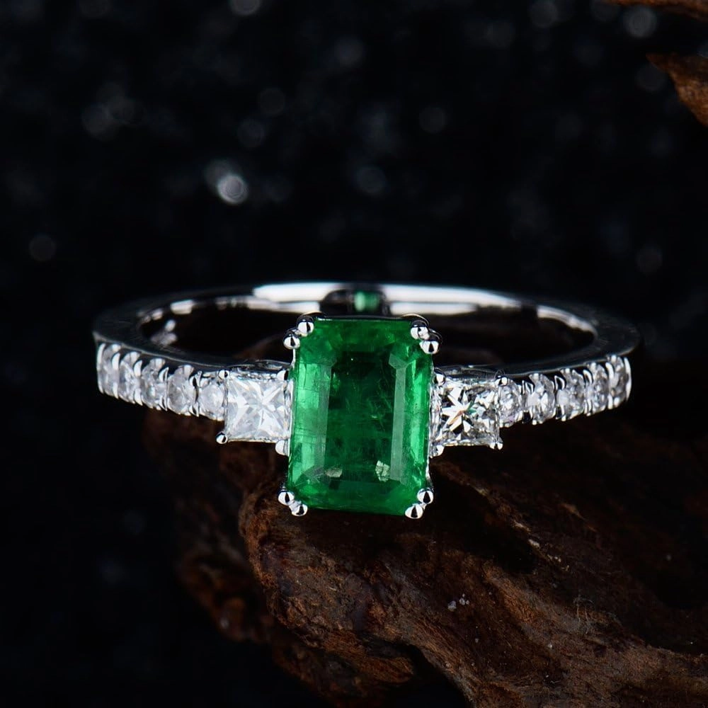 Emerald Ring For Women, 14K White Gold Rings - Emerald Green Ring with Diamond, Natural Emerald Rings & Real Diamond Gemstone Rings For Couple Engagement Ring & Wedding Band