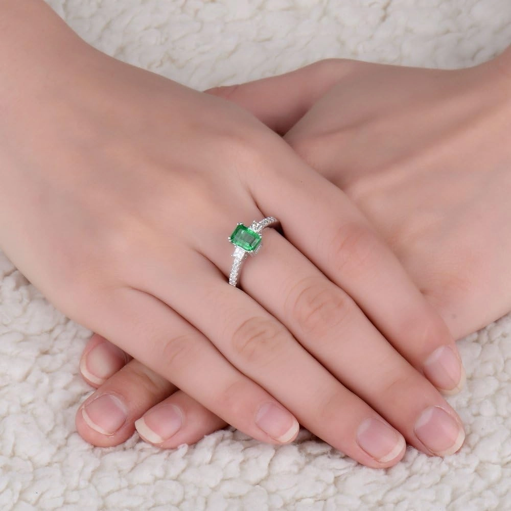 Emerald Ring For Women, 14K White Gold Rings - Emerald Green Ring with Diamond, Natural Emerald Rings & Real Diamond Gemstone Rings For Couple Engagement Ring & Wedding Band