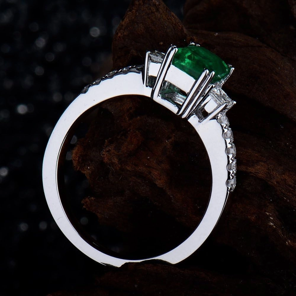 Emerald Ring For Women, 14K White Gold Rings - Emerald Green Ring with Diamond, Natural Emerald Rings & Real Diamond Gemstone Rings For Couple Engagement Ring & Wedding Band
