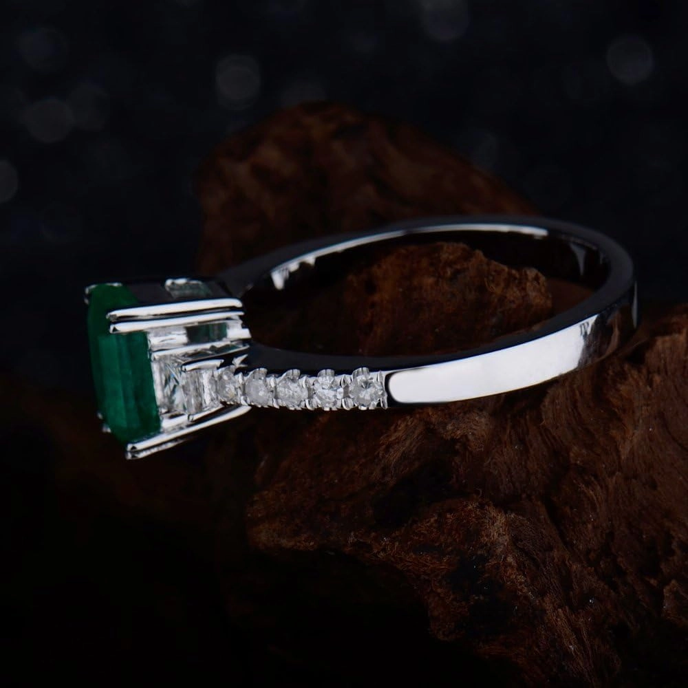 Emerald Ring For Women, 14K White Gold Rings - Emerald Green Ring with Diamond, Natural Emerald Rings & Real Diamond Gemstone Rings For Couple Engagement Ring & Wedding Band