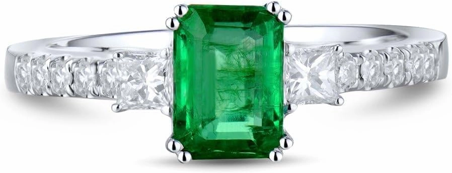 Emerald Ring For Women, 14K White Gold Rings - Emerald Green Ring with Diamond, Natural Emerald Rings & Real Diamond Gemstone Rings For Couple Engagement Ring & Wedding Band
