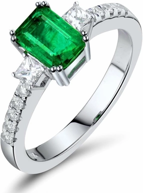 Emerald Ring For Women, 14K White Gold Rings - Emerald Green Ring with Diamond, Natural Emerald Rings & Real Diamond Gemstone Rings For Couple Engagement Ring & Wedding Band