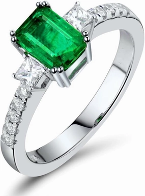 Emerald Ring For Women, 14K White Gold Rings - Emerald Green Ring with Diamond, Natural Emerald Rings & Real Diamond Gemstone Rings For Couple Engagement Ring & Wedding Band
