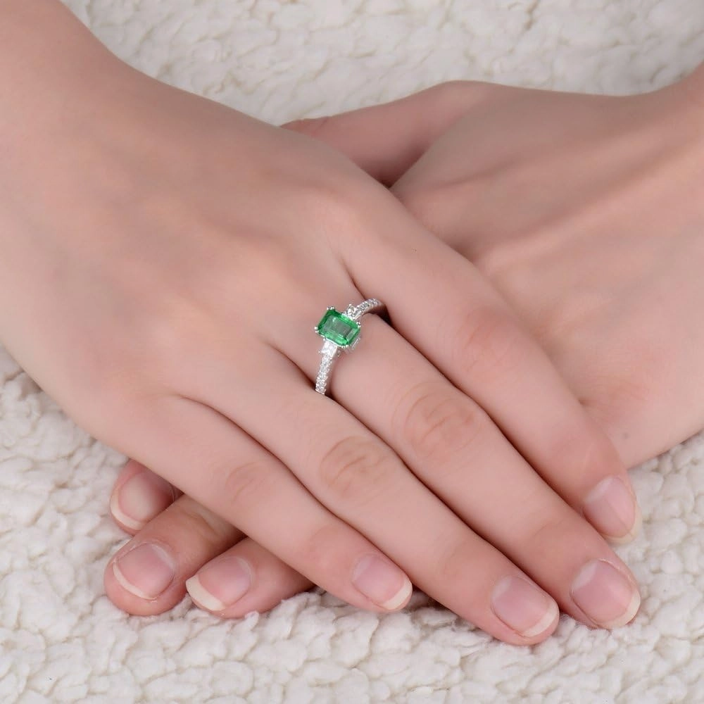 Emerald Ring For Women, 14K White Gold Rings - Emerald Green Ring with Diamond, Natural Emerald Rings & Real Diamond Gemstone Rings For Couple Engagement Ring & Wedding Band