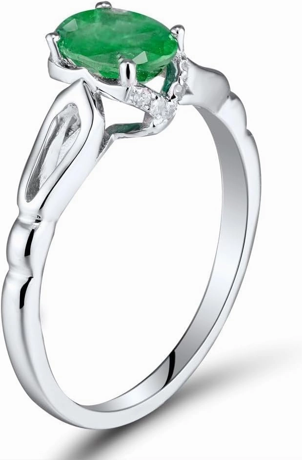 Emerald Ring For Women, 14K White Gold Rings - Emerald Rings with Diamond, Natural Oval 5x7mm Columbia Emerald Green Ring & Real Diamond Gemstone Rings For Couple Engagement Ring