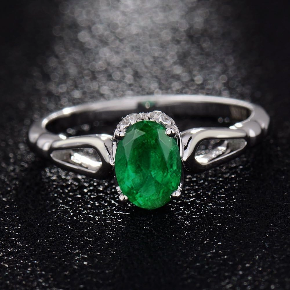 Emerald Ring For Women, 14K White Gold Rings - Emerald Rings with Diamond, Natural Oval 5x7mm Columbia Emerald Green Ring & Real Diamond Gemstone Rings For Couple Engagement Ring
