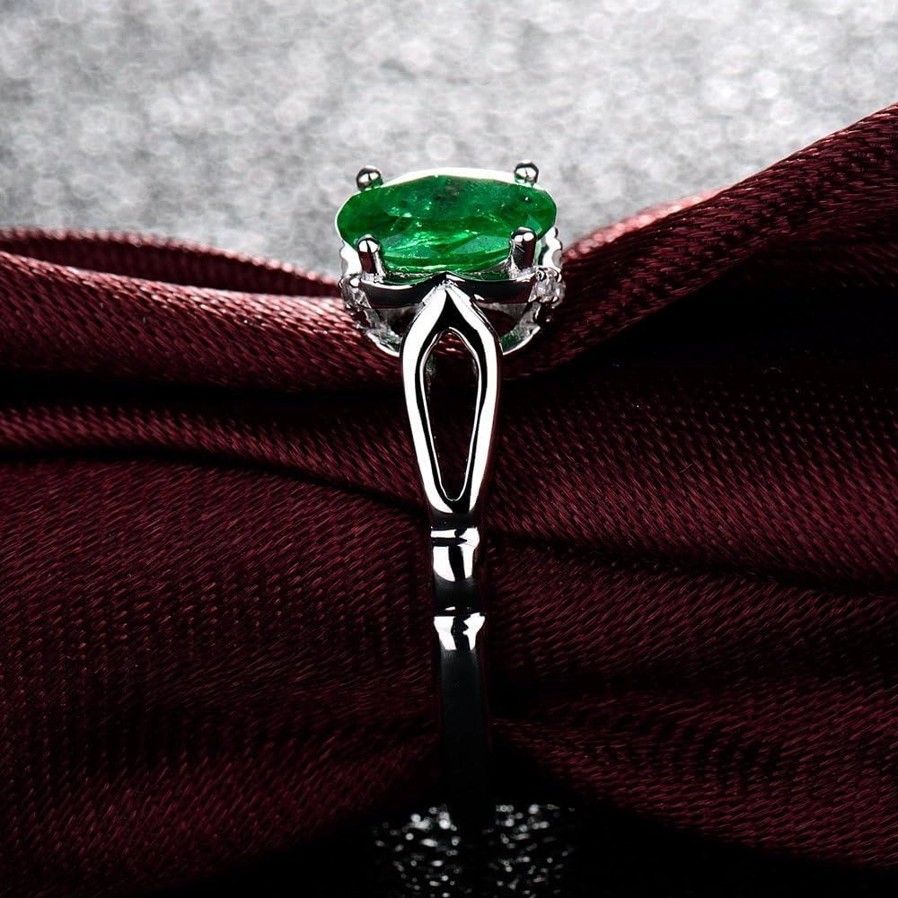 Emerald Ring For Women, 14K White Gold Rings - Emerald Rings with Diamond, Natural Oval 5x7mm Columbia Emerald Green Ring & Real Diamond Gemstone Rings For Couple Engagement Ring