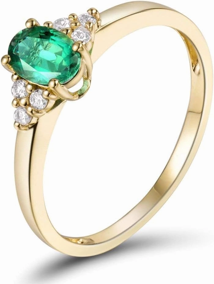 Emerald Ring For Women, 14K Yellow Gold Rings - Emerald and Diamond Ring, Natural Columbia Green Emerald Ring & Real Diamond Gemstone Rings For Couple Engagement Ring