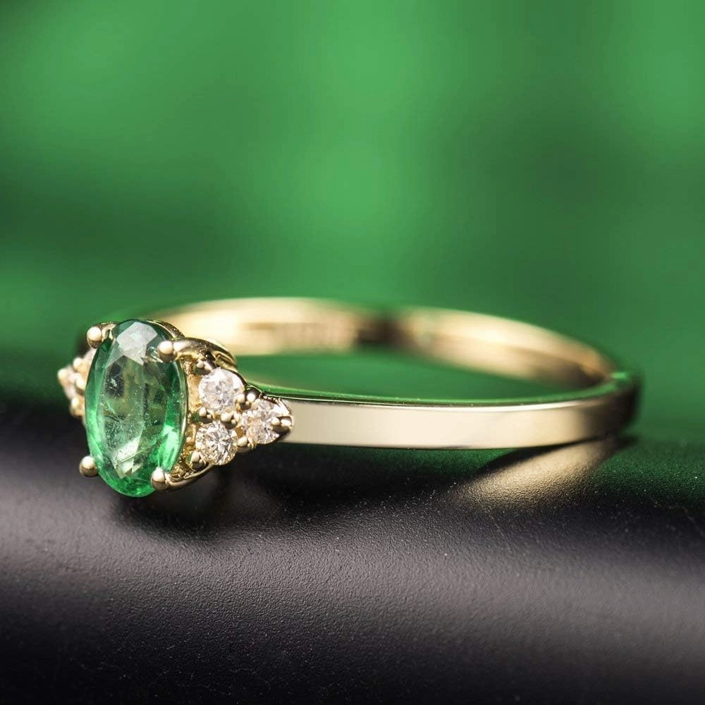 Emerald Ring For Women, 14K Yellow Gold Rings - Emerald and Diamond Ring, Natural Columbia Green Emerald Ring & Real Diamond Gemstone Rings For Couple Engagement Ring