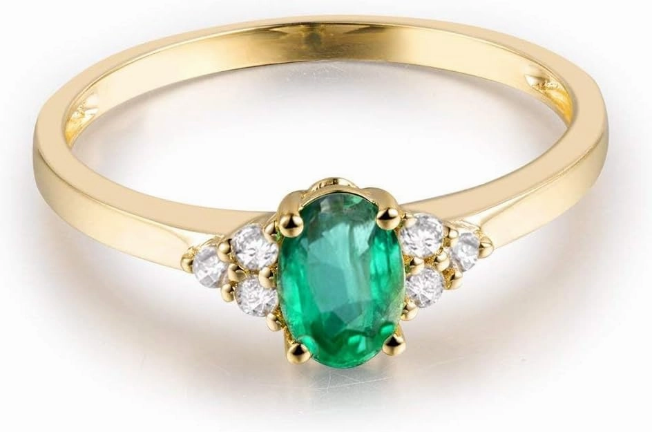 Emerald Ring For Women, 14K Yellow Gold Rings - Emerald and Diamond Ring, Natural Columbia Green Emerald Ring & Real Diamond Gemstone Rings For Couple Engagement Ring