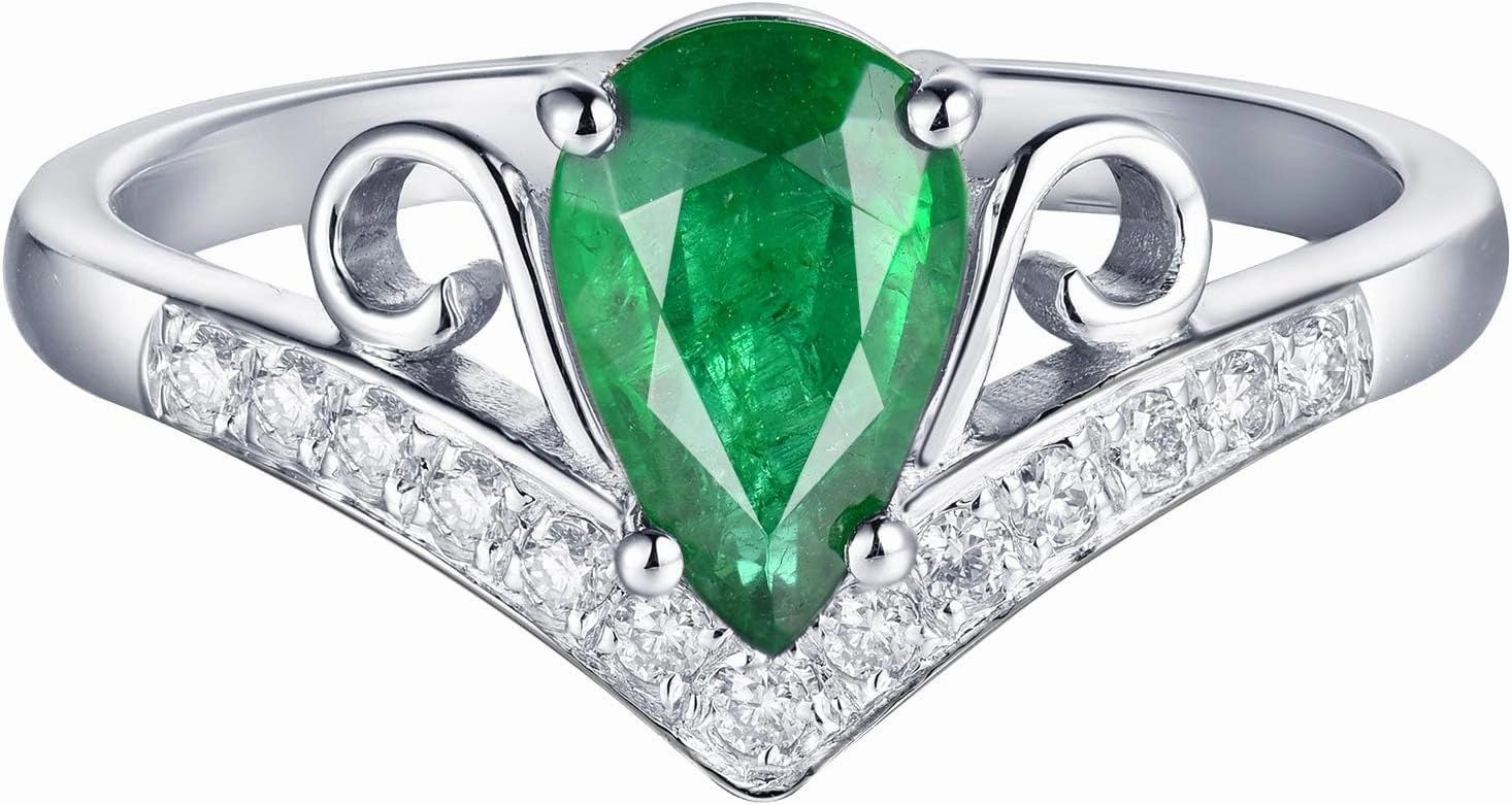 Emerald Ring For Women, 18K White Gold Rings - Green Emerald Ring with Diamond, Natural Pear Shape Emerald Rings & Real Diamonds Gemstone Rings For Couple Engagement Ring