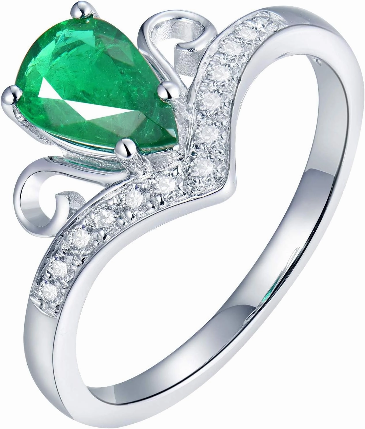 Emerald Ring For Women, 18K White Gold Rings - Green Emerald Ring with Diamond, Natural Pear Shape Emerald Rings & Real Diamonds Gemstone Rings For Couple Engagement Ring