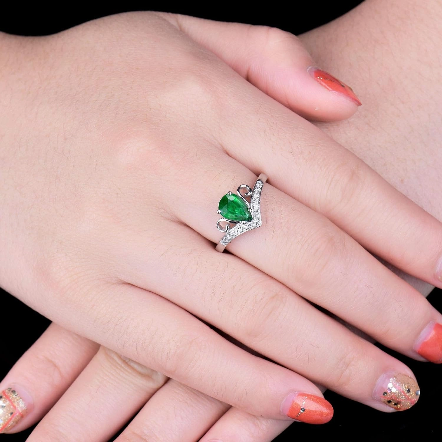 Emerald Ring For Women, 18K White Gold Rings - Green Emerald Ring with Diamond, Natural Pear Shape Emerald Rings & Real Diamonds Gemstone Rings For Couple Engagement Ring