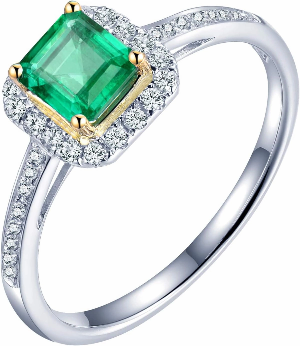 Emerald Ring, Solid 18K White Gold Rings - Emerald and Diamond Ring, Natural Emerald Green Ring Genuine Diamond Ring White Yellow Two Tone Gold Band For Women Ladies Engagement & Wedding
