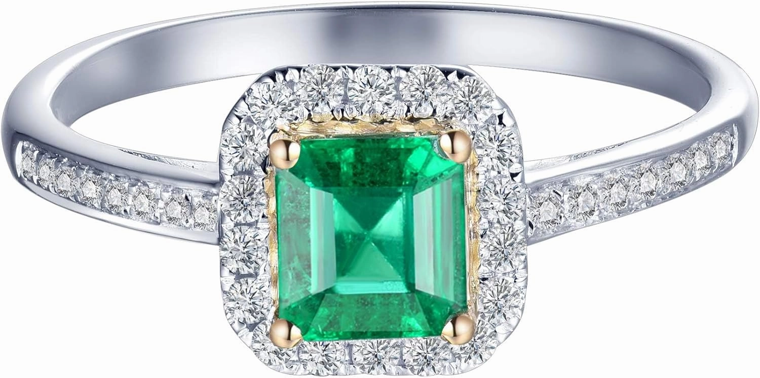 Emerald Ring, Solid 18K White Gold Rings - Emerald and Diamond Ring, Natural Emerald Green Ring Genuine Diamond Ring White Yellow Two Tone Gold Band For Women Ladies Engagement & Wedding