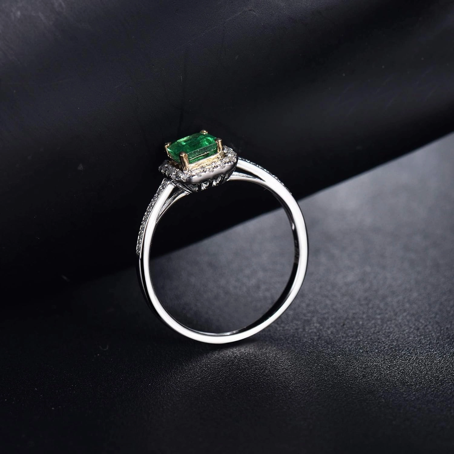 Emerald Ring, Solid 18K White Gold Rings - Emerald and Diamond Ring, Natural Emerald Green Ring Genuine Diamond Ring White Yellow Two Tone Gold Band For Women Ladies Engagement & Wedding