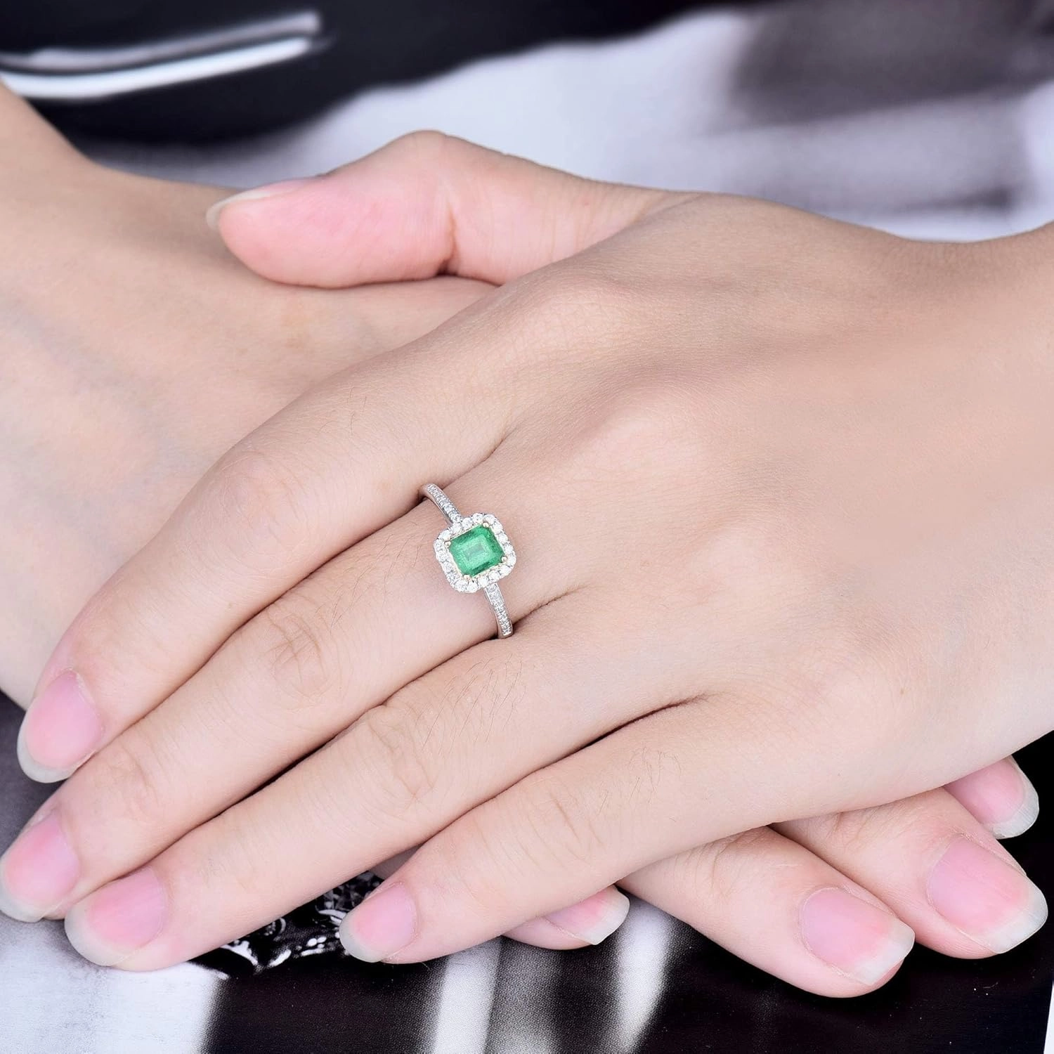 Emerald Ring, Solid 18K White Gold Rings - Emerald and Diamond Ring, Natural Emerald Green Ring Genuine Diamond Ring White Yellow Two Tone Gold Band For Women Ladies Engagement & Wedding
