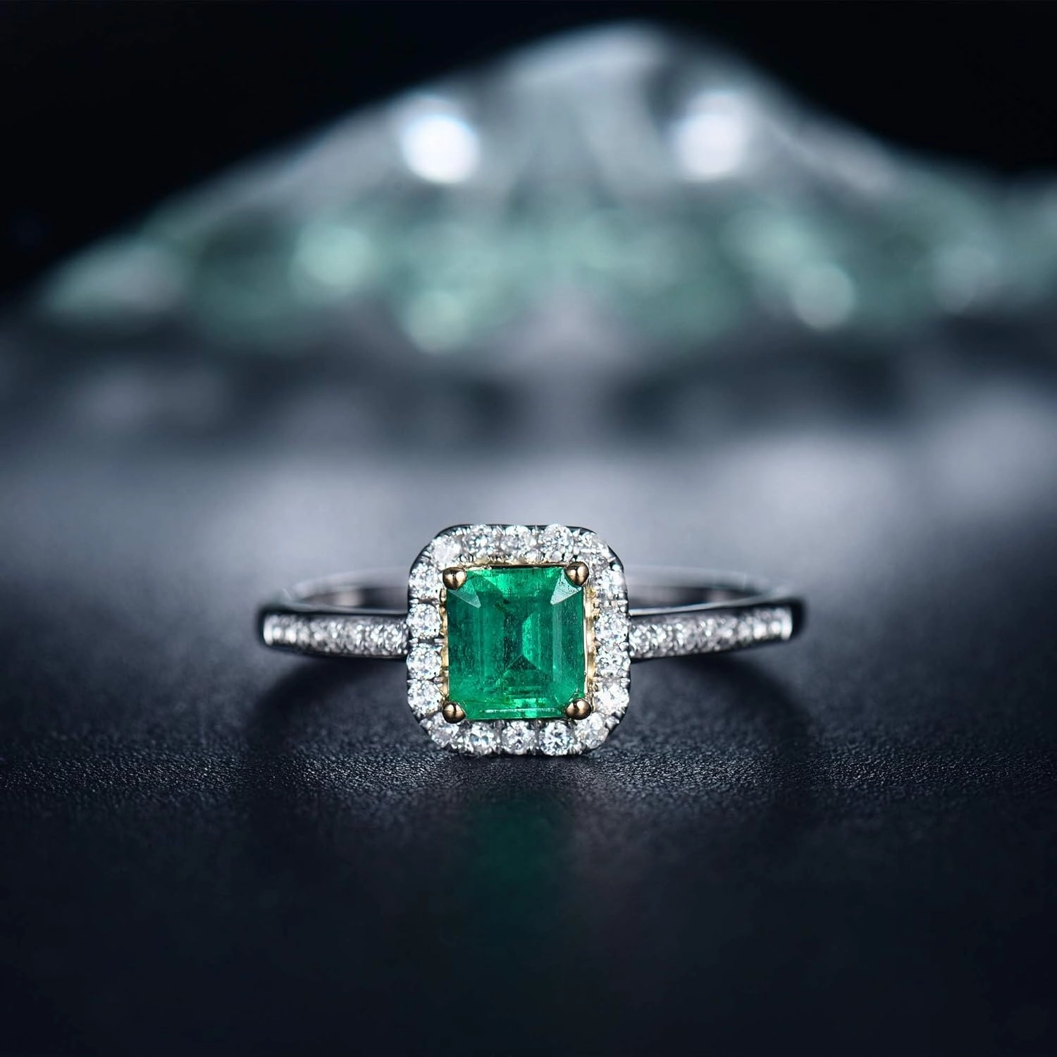 Emerald Ring, Solid 18K White Gold Rings - Emerald and Diamond Ring, Natural Emerald Green Ring Genuine Diamond Ring White Yellow Two Tone Gold Band For Women Ladies Engagement & Wedding