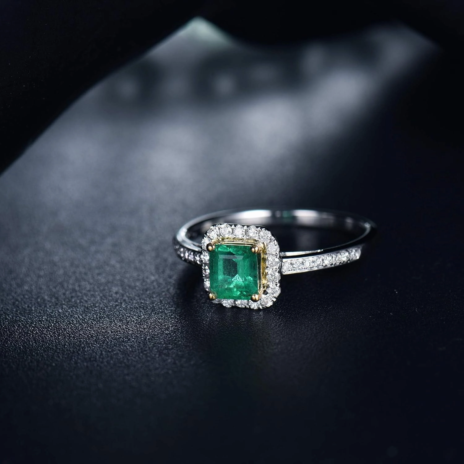 Emerald Ring, Solid 18K White Gold Rings - Emerald and Diamond Ring, Natural Emerald Green Ring Genuine Diamond Ring White Yellow Two Tone Gold Band For Women Ladies Engagement & Wedding