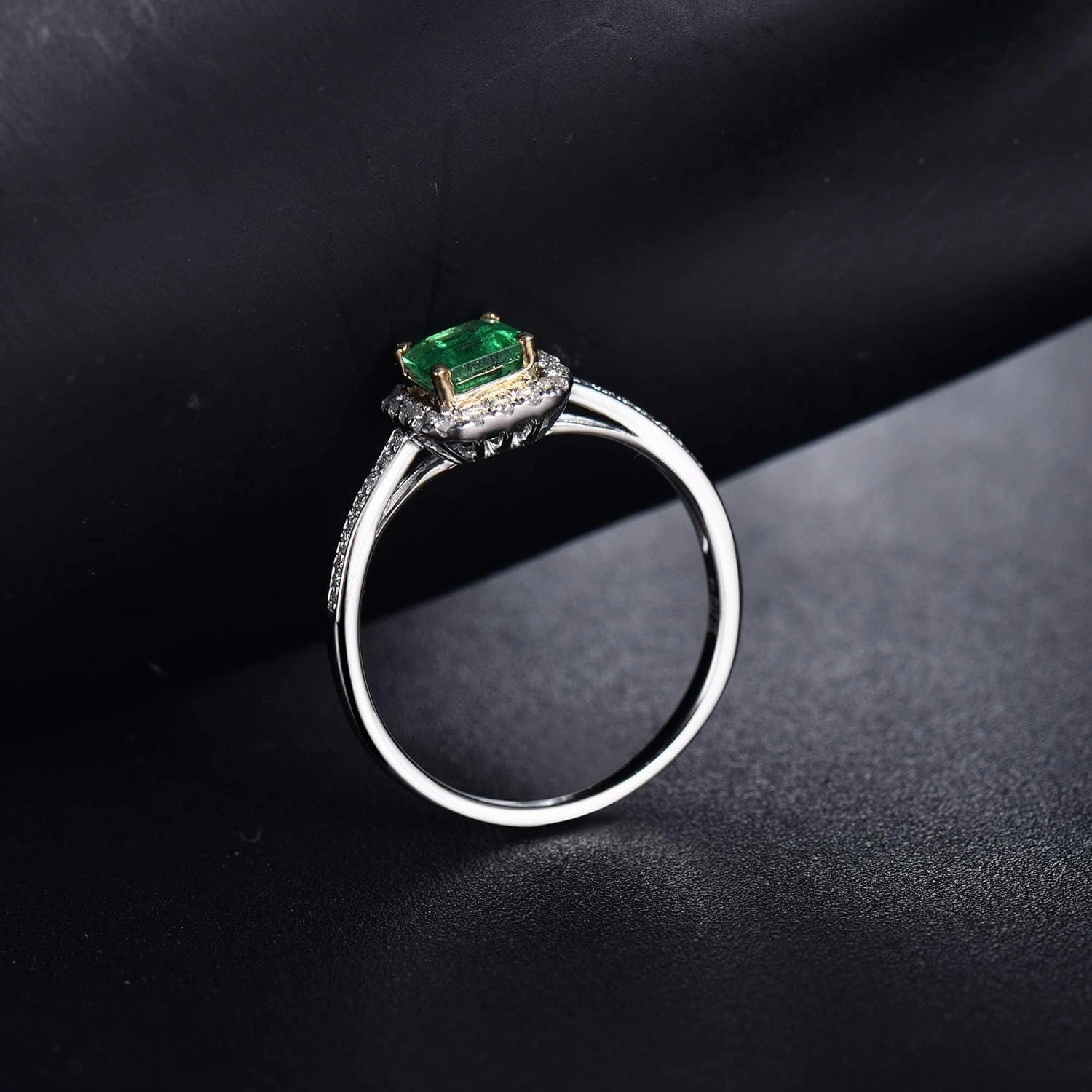Emerald Ring, Solid 18K White Gold Rings - Emerald and Diamond Ring, Natural Emerald Green Ring Genuine Diamond Ring White Yellow Two Tone Gold Band For Women Ladies Engagement & Wedding
