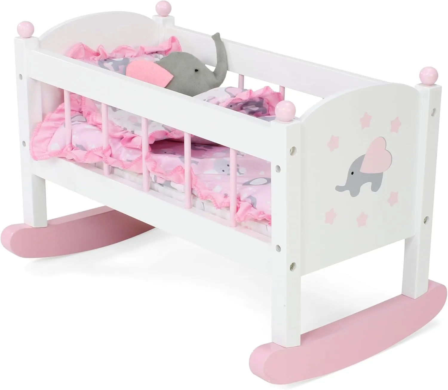Emily Rose 18-inch Doll Wooden Babydoll Rocking Cradle Set with Reversible Bedding and Stuffed Elephant Toy | Baby Doll Bedroom Furniture for 14-19 inch Dolls | USA Business