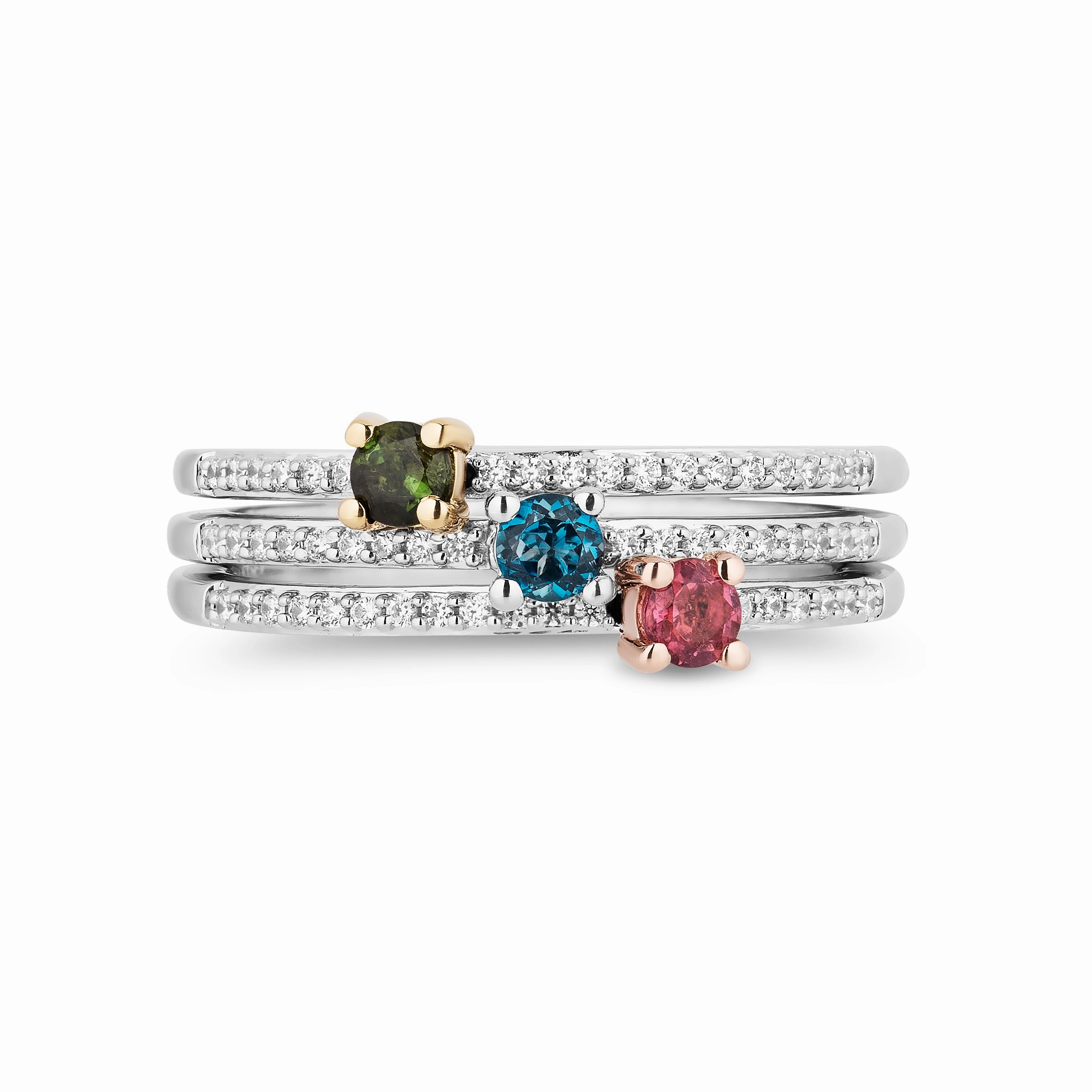 Enchanted Disney Fine Jewelry Sterling Silver & 10K Rose Gold & Yellow Gold 1/5 CTTW Diamond with London Blue Topaz and Pink and Green Tourmaline Aurora 3 Fairy God Mother Ring