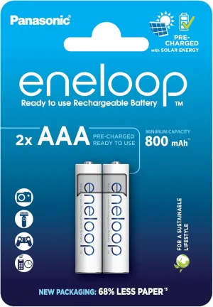 eneloop, AAA/Micro NI-MH Battery, Pack of 2, Capacity with Min. 800 mAh, Ready-to-Use NI-MH Batteries, Rechargeable up to 2000 Times, Plastic-Free Packaging, Standard, White