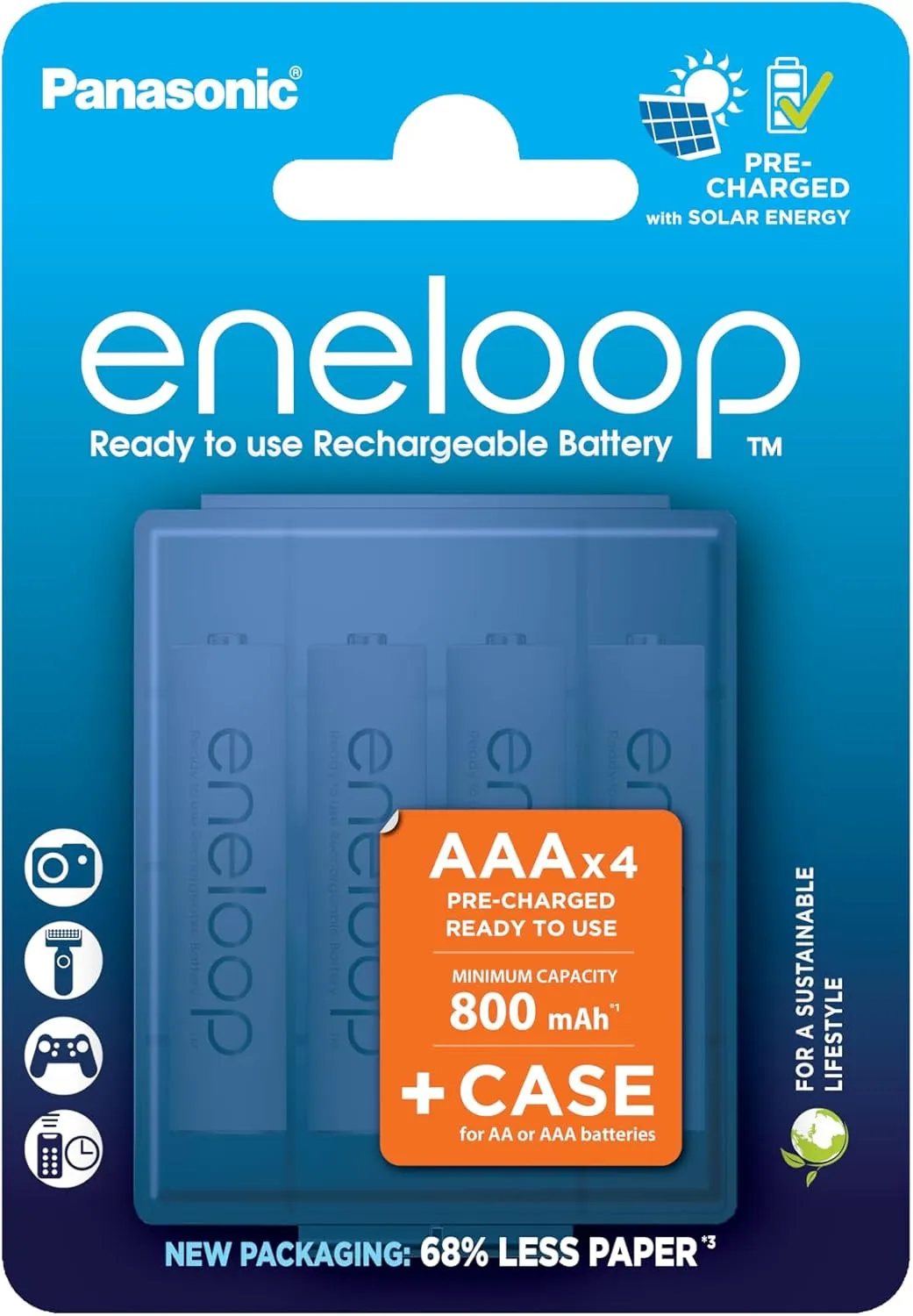 eneloop, AAA/Micro NI-MH Battery, Pack of 4, Capacity with Min 800 mAh, Ready-to-Use NI-MH Batteries, Rechargeable up to 2000 Times, Plastic-Free Packaging, Standard, White