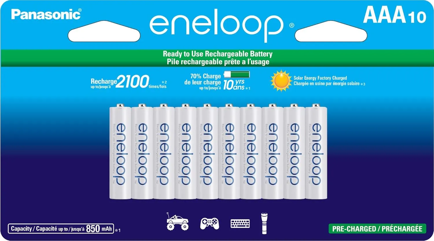 Eneloop Panasonic BK-4MCCA10FA AAA 2100 Cycle Ni-MH Pre-Charged Rechargeable Batteries, 10-Battery Pack