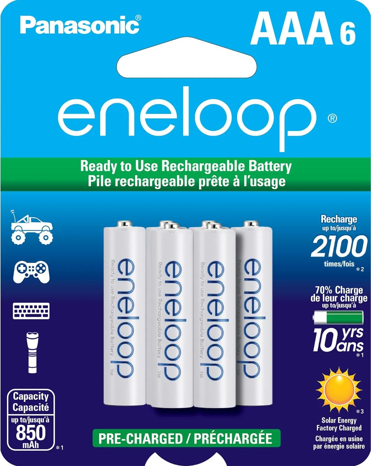 Eneloop Panasonic BK-4MCCA6BA AAA 2100 Cycle Ni-MH Pre-Charged Rechargeable Batteries, 6-Battery Pack