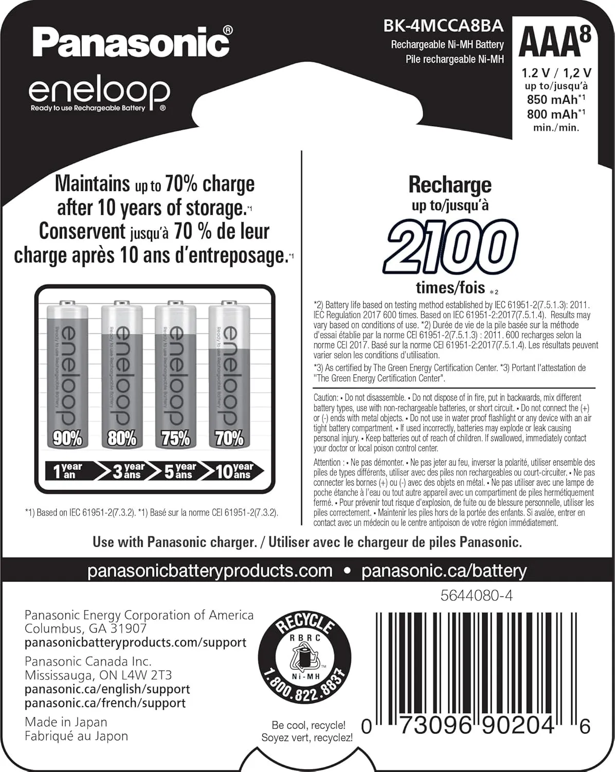 Eneloop Panasonic BK-4MCCA8BA AAA 2100 Cycle Ni-MH Pre-Charged Rechargeable Batteries, 8-Battery Pack