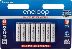 eneloop Panasonic, Ready-to-Use Ni-MH Battery, AAA Micro, Pack of 8, Min. 750 mAh, 2100 Charge Cycles, Strong Performance and Low Self-Discharge, Rechargeable Battery, 4228, White