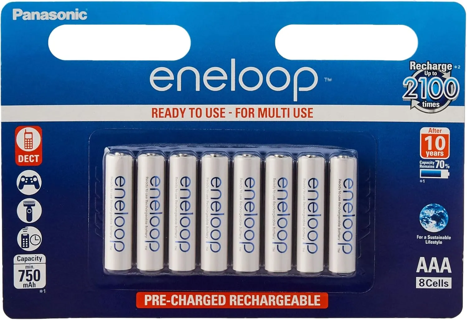 eneloop Panasonic, Ready-to-Use Ni-MH Battery, AAA Micro, Pack of 8, Min. 750 mAh, 2100 Charge Cycles, Strong Performance and Low Self-Discharge, Rechargeable Battery, 4228, White