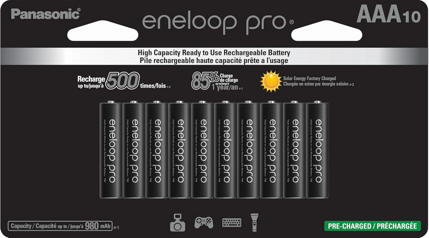 Eneloop Panasonic BK-4HCCA10FA pro AAA High-Capacity Ni-MH Pre-Charged Rechargeable Batteries, 10-Battery Pack