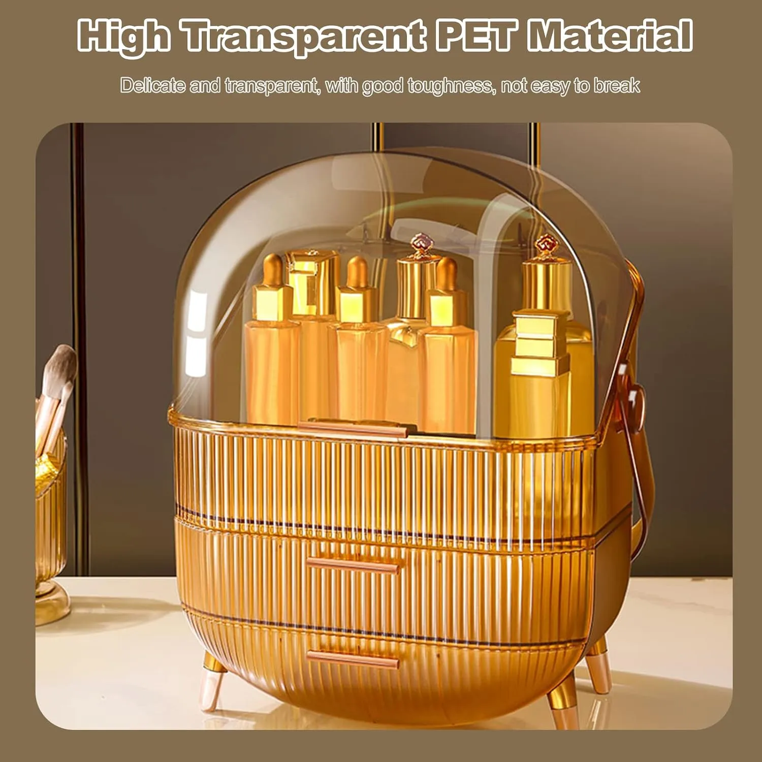 Ergocar Portable Retro Series Multi-Function Make Up Case Dustproof Cosmetic Storage Box, Skin Care Products Jewelry Organizer Case Finishing Box Bathroom Desktop -Amber