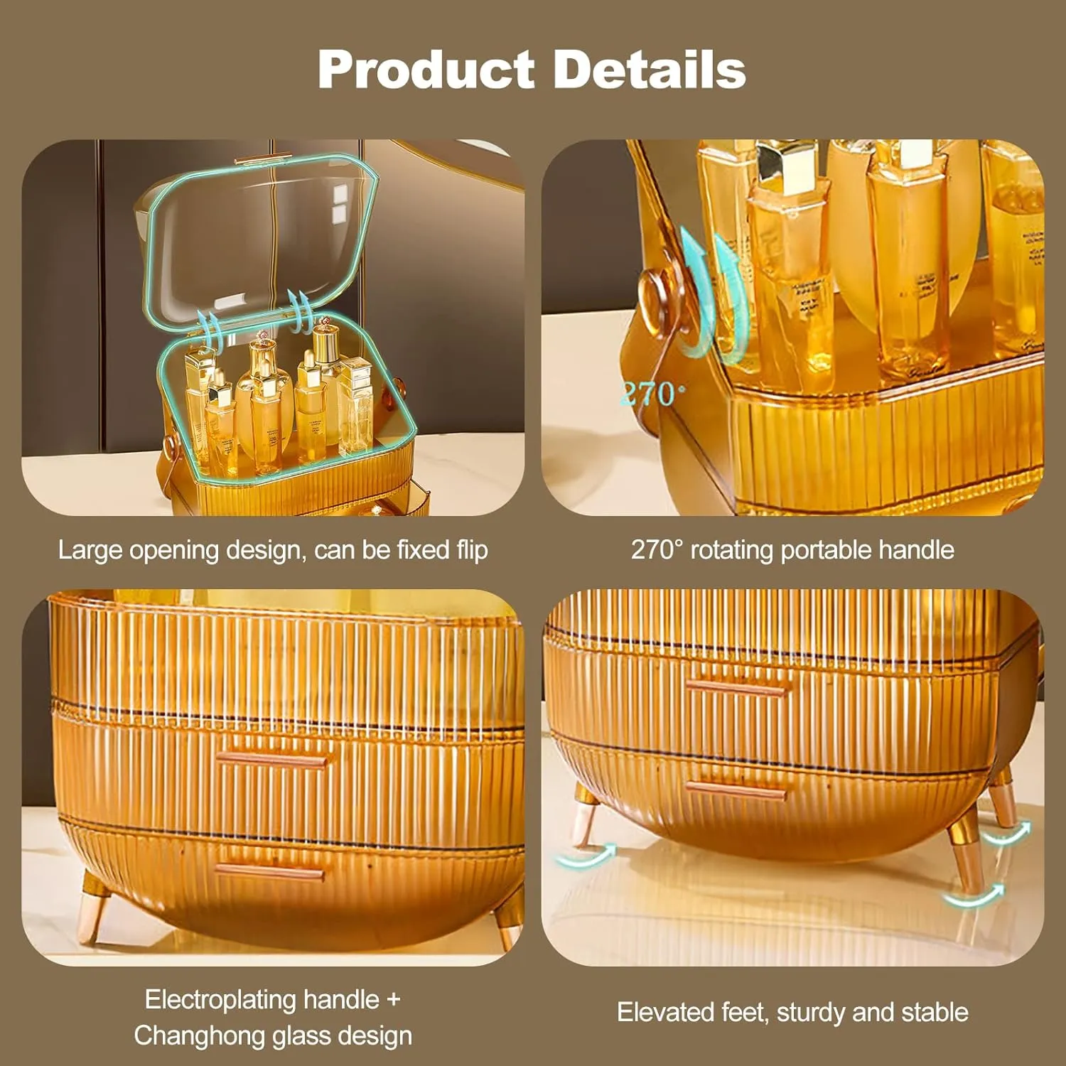 Ergocar Portable Retro Series Multi-Function Make Up Case Dustproof Cosmetic Storage Box, Skin Care Products Jewelry Organizer Case Finishing Box Bathroom Desktop -Amber