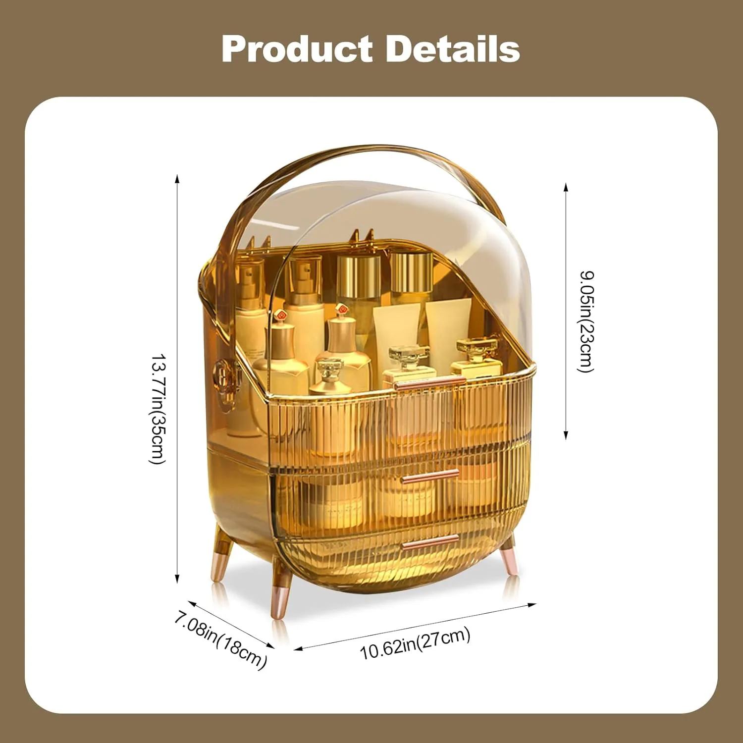 Ergocar Portable Retro Series Multi-Function Make Up Case Dustproof Cosmetic Storage Box, Skin Care Products Jewelry Organizer Case Finishing Box Bathroom Desktop -Amber