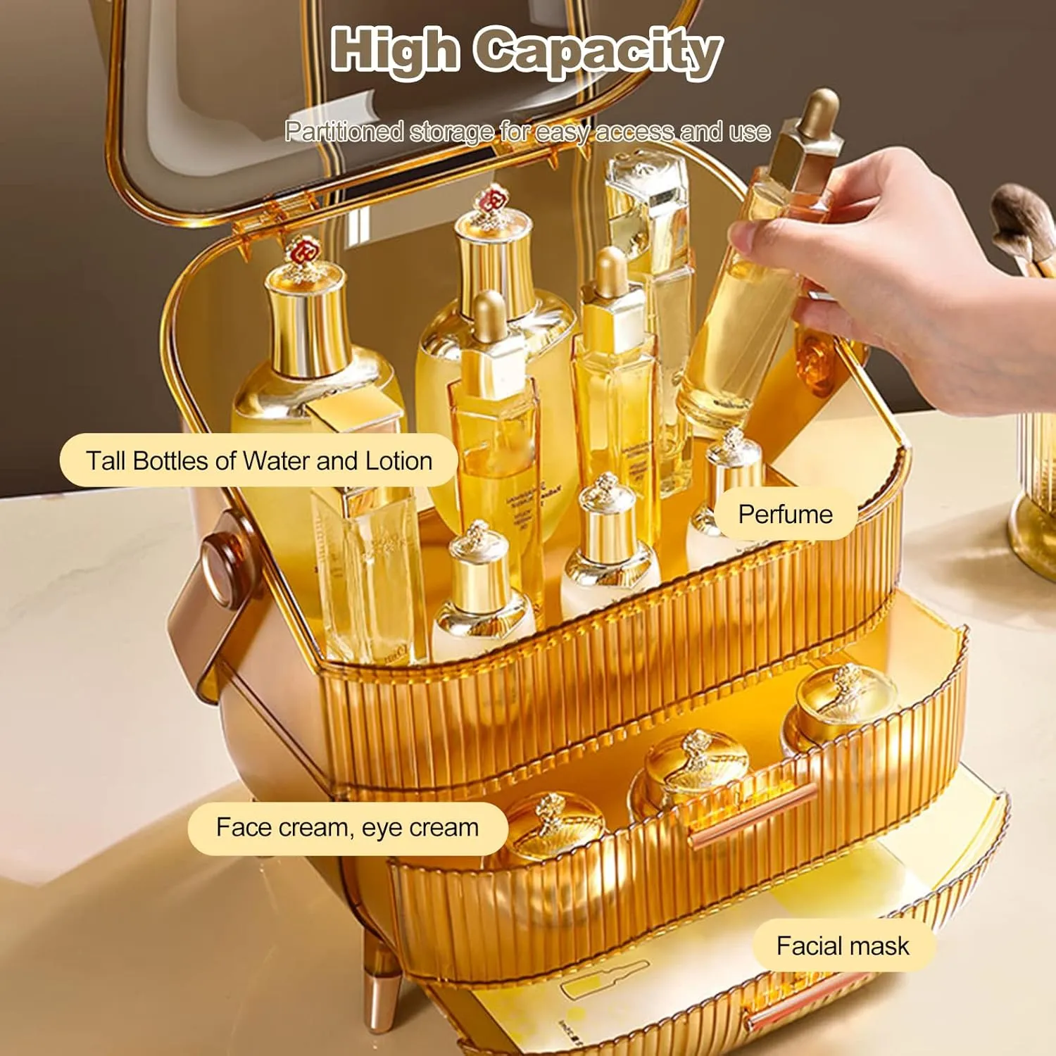 Ergocar Portable Retro Series Multi-Function Make Up Case Dustproof Cosmetic Storage Box, Skin Care Products Jewelry Organizer Case Finishing Box Bathroom Desktop -Amber