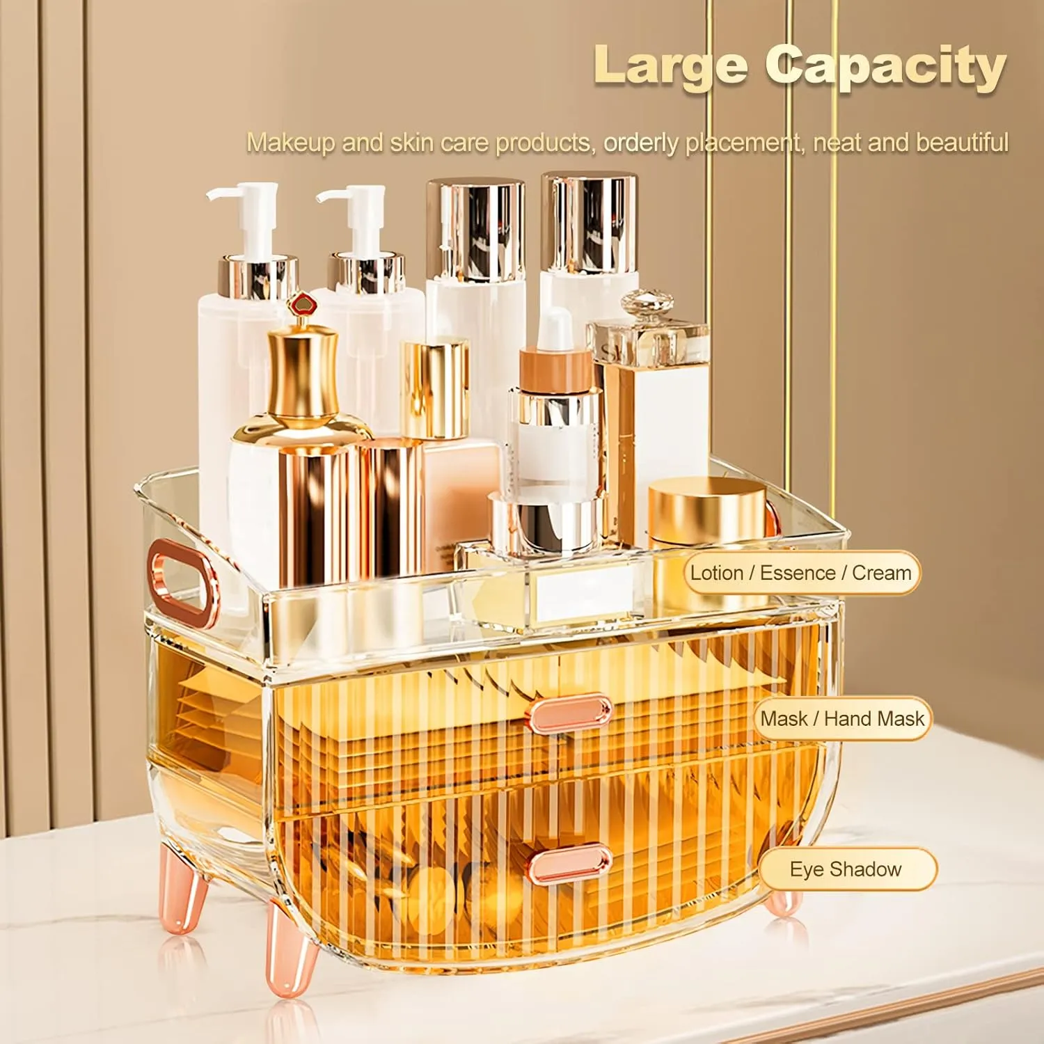 Ergocar Portable Transparent PET Series Multi-Function Make Up Case Dustproof Cosmetic Storage Box, Cosmetics Skin Care Products Jewelry Organizer Case Lipstick Box - Orange Two Layers
