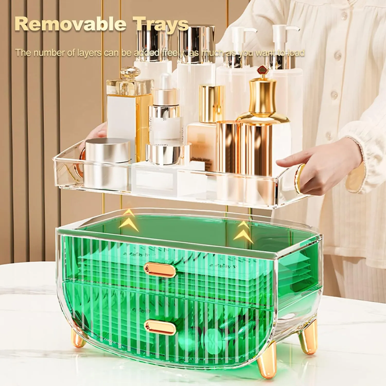 Ergocar Portable Transparent PET Series Multi-Function Make Up Case Dustproof Cosmetic Storage Box, Cosmetics Skin Care Products Jewelry Organizer Case Lipstick Box - Orange Two Layers