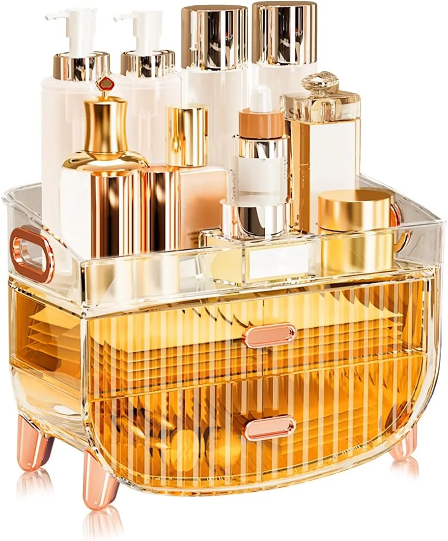 Ergocar Portable Transparent PET Series Multi-Function Make Up Case Dustproof Cosmetic Storage Box, Cosmetics Skin Care Products Jewelry Organizer Case Lipstick Box - Orange Two Layers