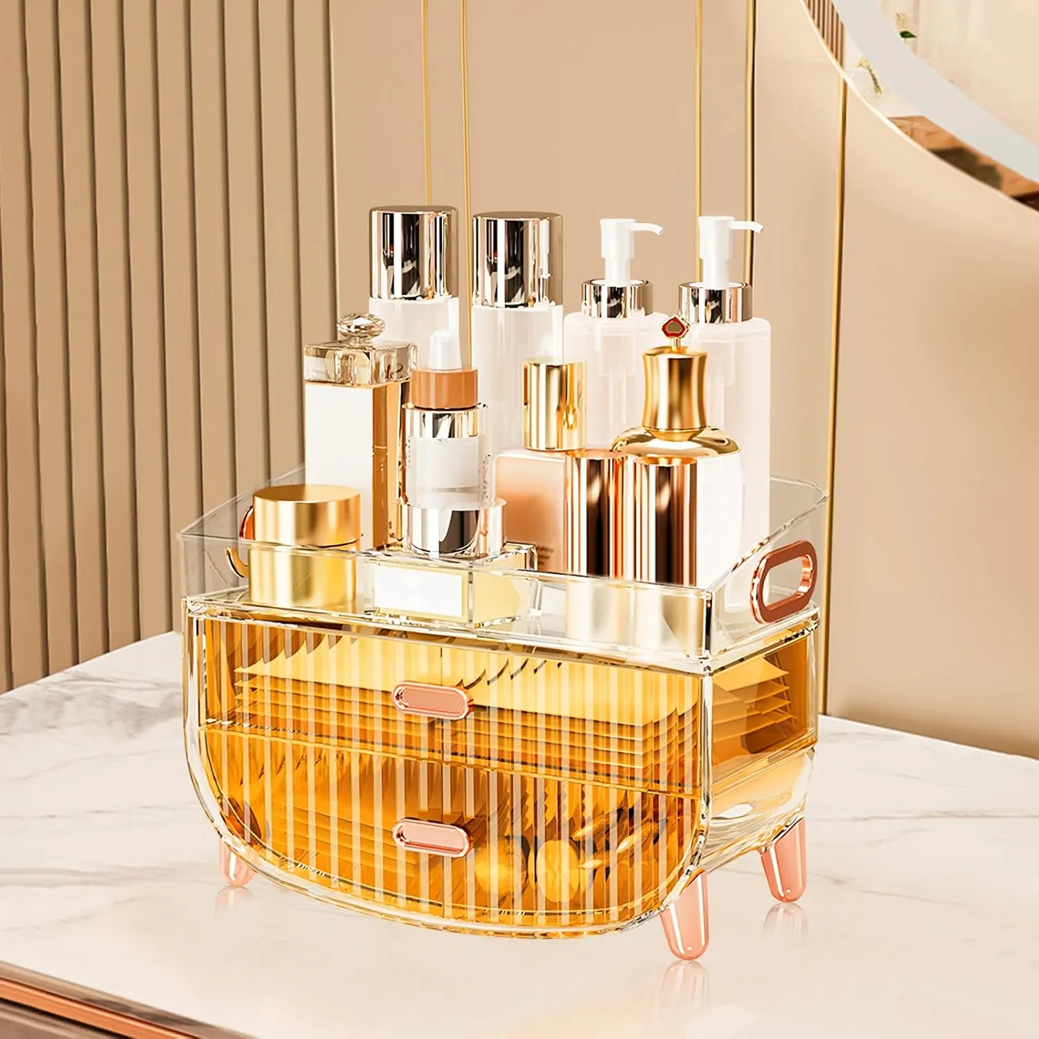 Ergocar Portable Transparent PET Series Multi-Function Make Up Case Dustproof Cosmetic Storage Box, Cosmetics Skin Care Products Jewelry Organizer Case Lipstick Box - Orange Two Layers