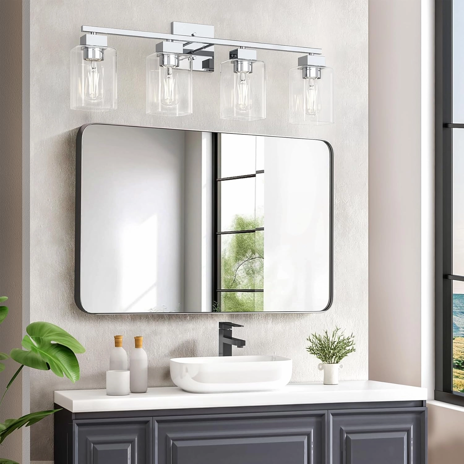 Espird 4 Light Bathroom Vanity Light - Chrome Bathroom Light Fixtures Square Design & UL Certification, 26 inch Square Bath Room Lights Over Mirror, Vanity Lighting Fixtures for Living Room & Bedroom