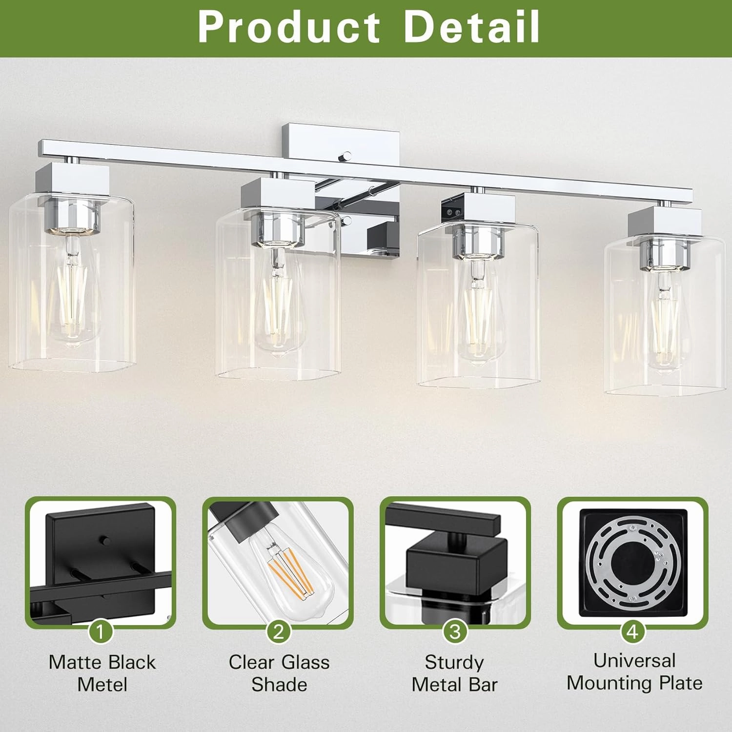 Espird 4 Light Bathroom Vanity Light - Chrome Bathroom Light Fixtures Square Design & UL Certification, 26 inch Square Bath Room Lights Over Mirror, Vanity Lighting Fixtures for Living Room & Bedroom