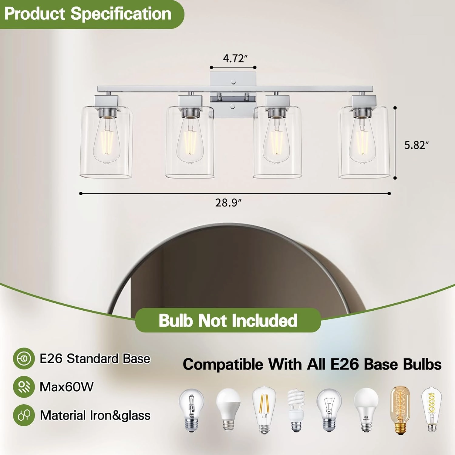 Espird 4 Light Bathroom Vanity Light - Chrome Bathroom Light Fixtures Square Design & UL Certification, 26 inch Square Bath Room Lights Over Mirror, Vanity Lighting Fixtures for Living Room & Bedroom