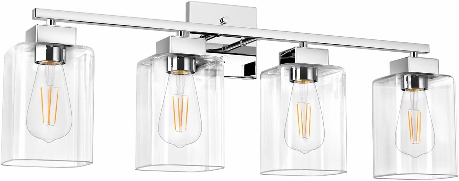 Espird 4 Light Bathroom Vanity Light - Chrome Bathroom Light Fixtures Square Design & UL Certification, 26 inch Square Bath Room Lights Over Mirror, Vanity Lighting Fixtures for Living Room & Bedroom