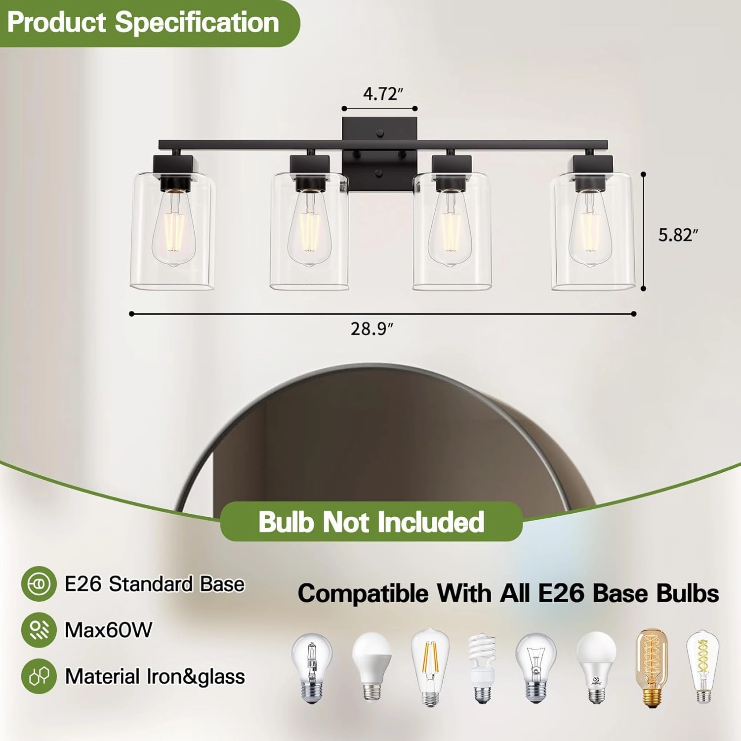 Espird 4 Light Bathroom Vanity Light - Matte Black Bathroom Light Fixtures Square Design & UL Certification, Square Light Fixture Over Mirror, Farmhouse Light Fixtures for Bathroom & Bedroom