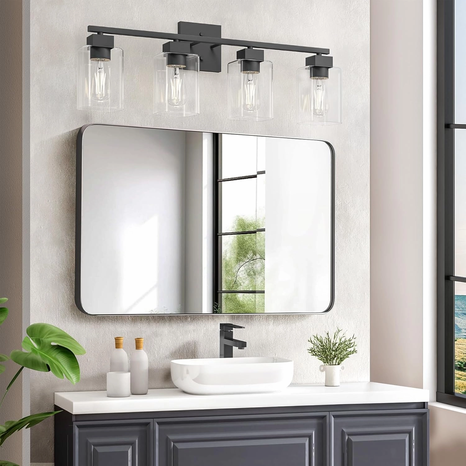 Espird 4 Light Bathroom Vanity Light - Matte Black Bathroom Light Fixtures Square Design & UL Certification, Square Light Fixture Over Mirror, Farmhouse Light Fixtures for Bathroom & Bedroom